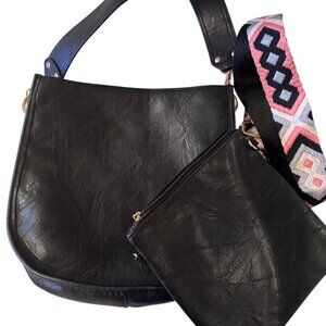 2- Ah Dorned Black Faux Leather Crossbody Bag Aztec Strap NWT